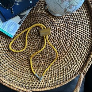 Vintage Tumbled Ornamental Orange Yellow Rectangle Stone Handcrafted Bolo Tie